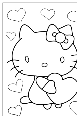 Desenho esboçado de um gato com um laço segurando um coração, cercado por corações menores, semelhante ao Hello Kit. Perfeito para desenho para colorir.