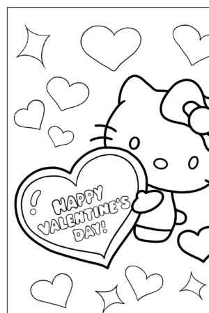 Lindo gato de desenho animado segurando um coração que diz "Feliz Dia dos Namorados!" cercado por corações menores e brilhos, perfeito para fãs de Hello Kit que gostam de desenhos para colorir.