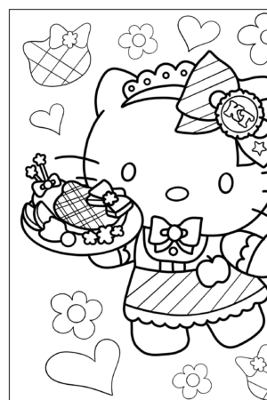 Um gato de desenho animado parecido com Hello Kit, usando um laço e vestido, segura um doce decorado em forma de coração, cercado por corações e flores. Perfeito para sessões de desenho para colorir!