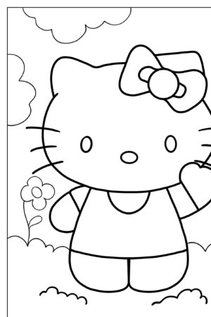 Um desenho fofo da Hello Kitty parada em um jardim, acenando, com flores e nuvens ao fundo — perfeito para desenho para colorir!