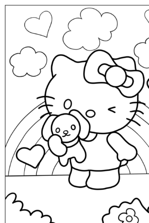 Personagem fofa de desenho animado da Hello Kitty segurando um bicho de pelúcia, cercada por corações, nuvens e um arco-íris ao fundo — perfeita para desenhos para colorir.