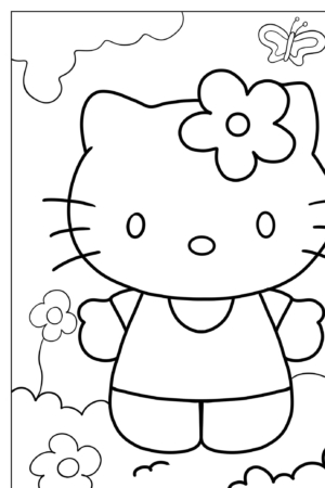 Um gato de desenho animado com uma flor na cabeça, que lembra Hello Kit, está em um campo adornado com flores e uma borboleta voando no céu. É perfeito para desenho para colorir!