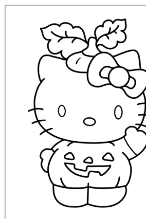 Hello Kitty, vestida com uma charmosa fantasia de abóbora com um laço na cabeça e folhas no topo, está acenando. Esta cena encantadora é perfeita para desenho para colorir!