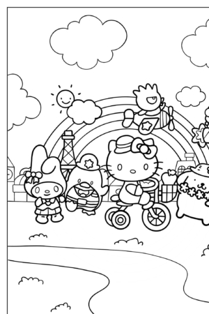 Personagens fofos de desenho animado, incluindo Hello Kitty, com um arco-íris, nuvens e uma estrada ao fundo. Eles parecem felizes e brincalhões, perfeitos para colorir páginas ou desenho para colorir.