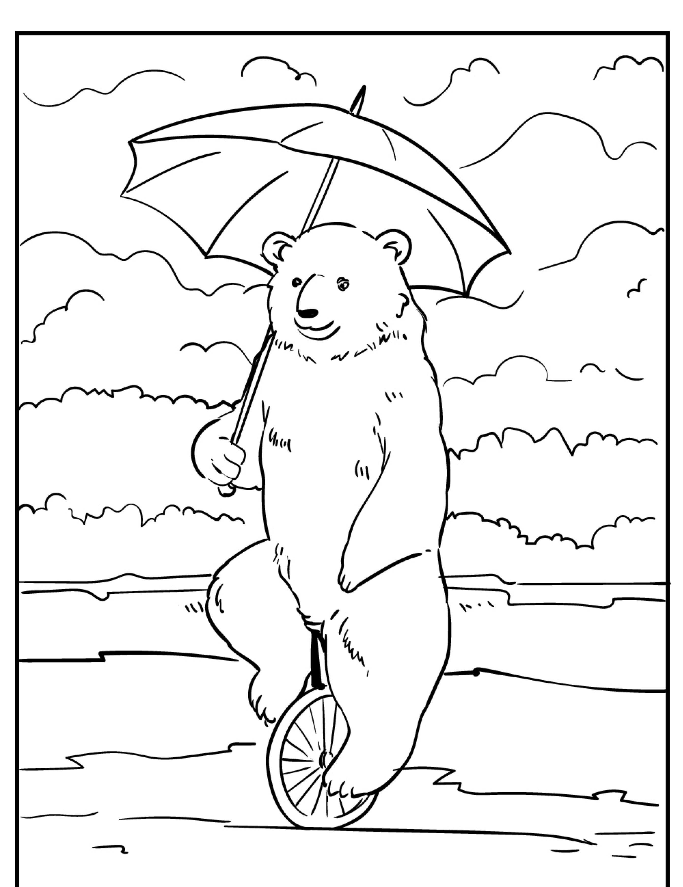 Um urso andando de monociclo enquanto segura um guarda-chuva neste charmoso desenho para colorir. O fundo apresenta nuvens fofas e uma paisagem aberta, tornando-o perfeito para adicionar seus tons favoritos.