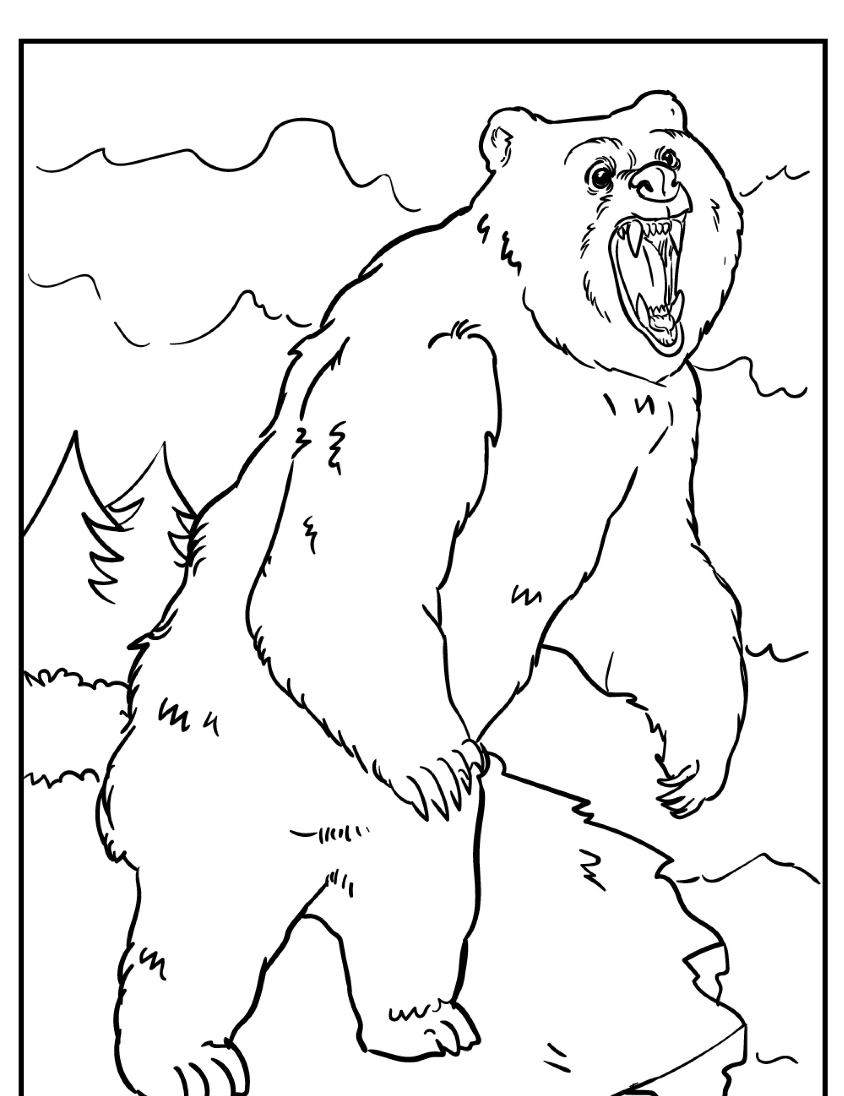 Um urso rugindo em um penhasco rochoso com árvores e montanhas ao fundo, perfeito para um livro de colorir ou desenho.