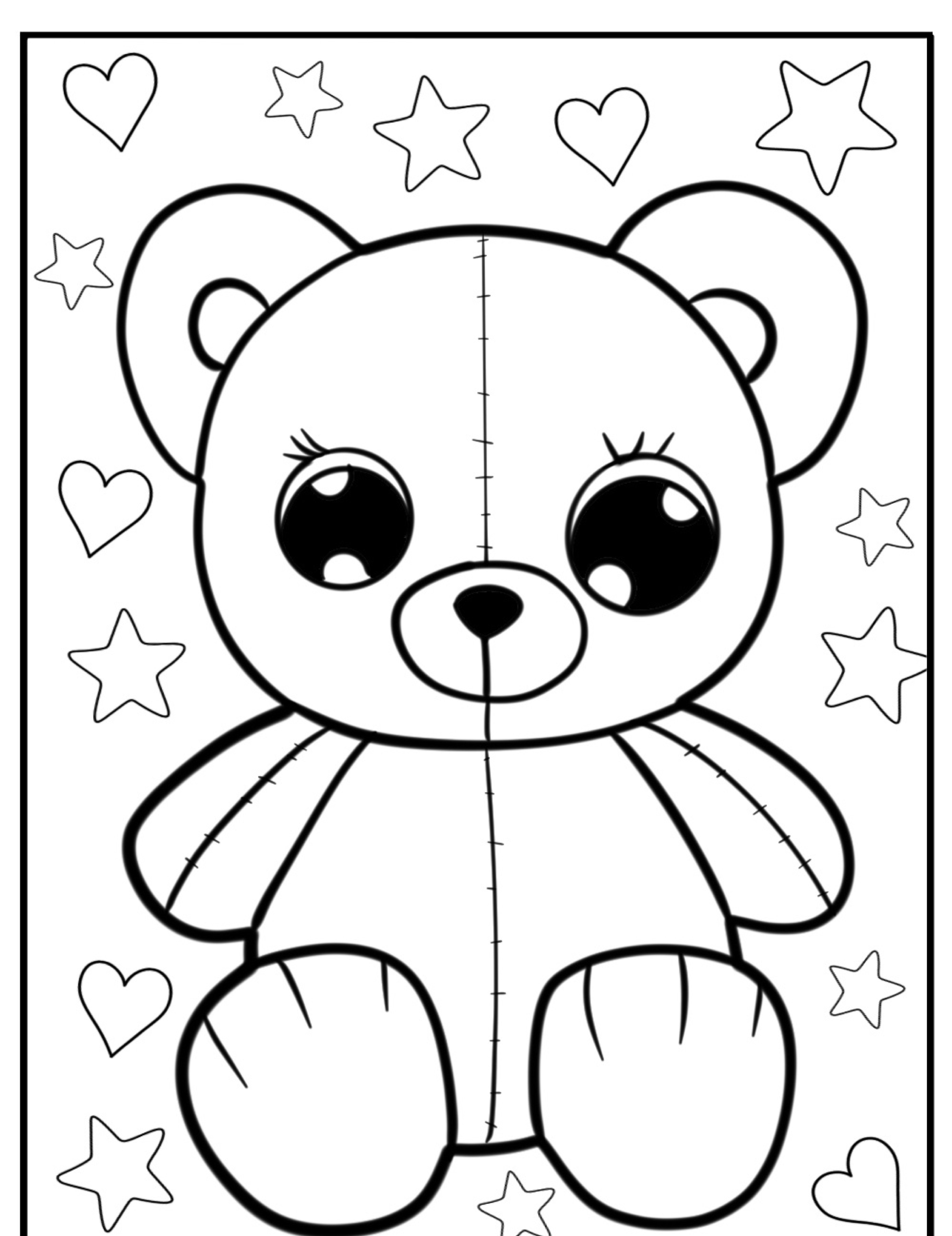 Uma linda página para colorir Desenho de Urso com estrelas e corações ao fundo.