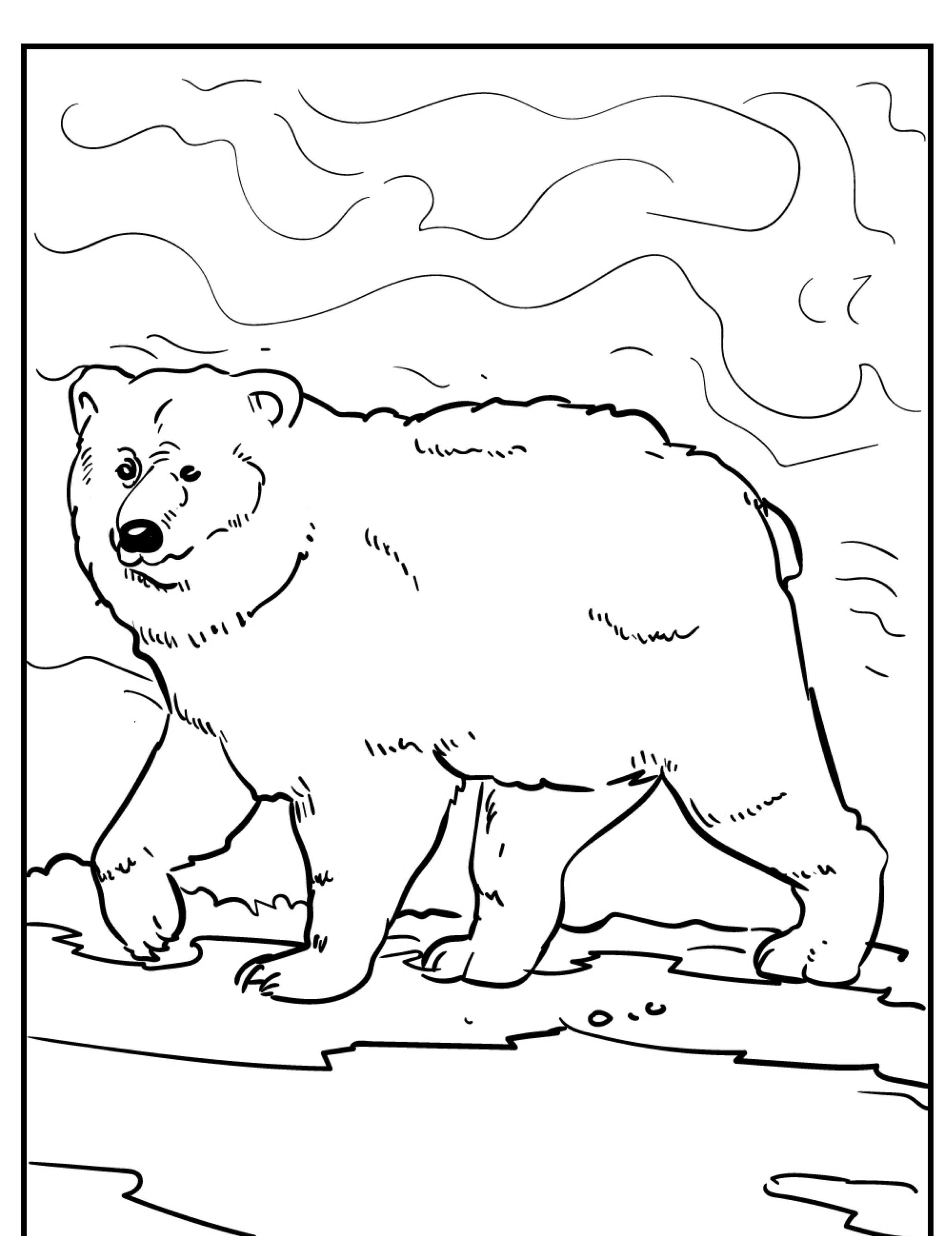 Desenho em preto e branco de um urso caminhante, com um cenário ao fundo apresentando céus nublados e uma paisagem rochosa perfeita para colorir.