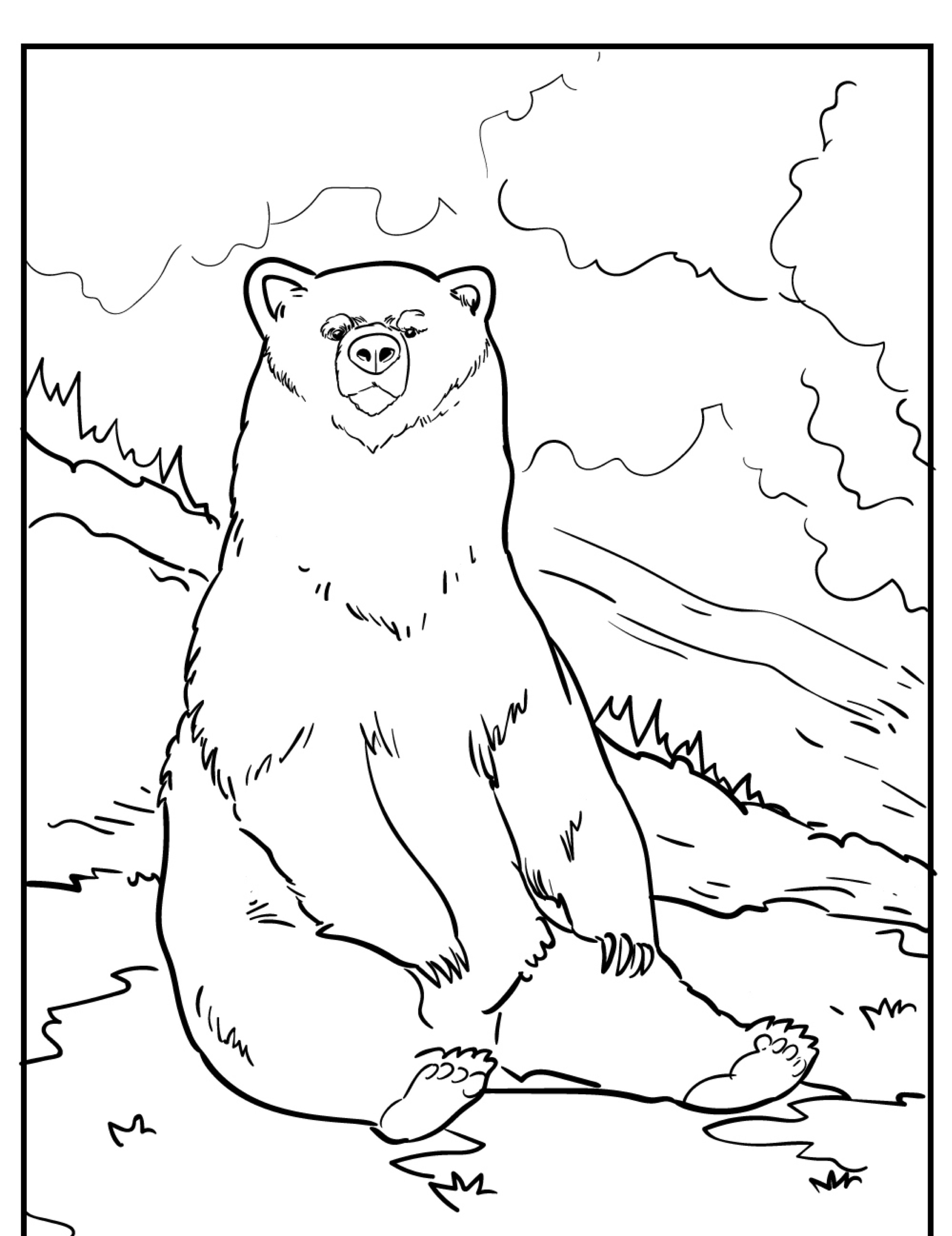 Desenho em preto e branco de um urso sentado no chão com uma montanha e nuvens ao fundo, perfeito para quem quer colorir uma cena encantadora de urso.