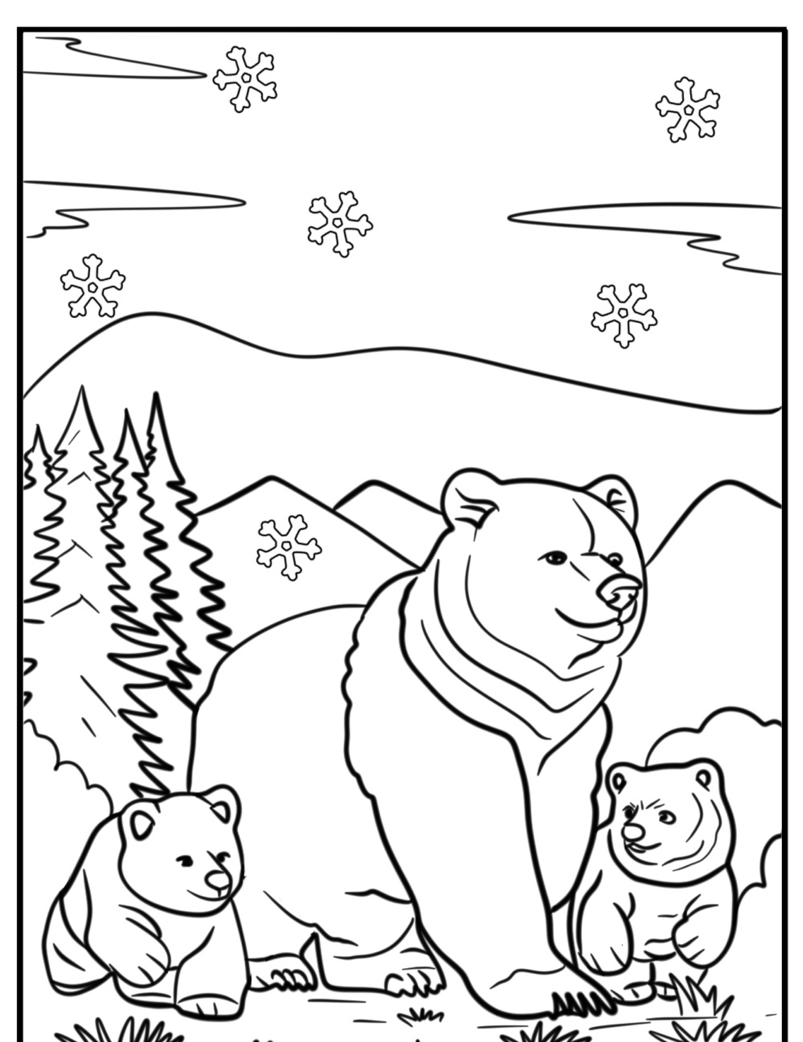 Um Desenho de Urso para Colorir mostra um urso com dois filhotes em uma paisagem nevada, cercada por pinheiros e montanhas, enquanto flocos de neve caem suavemente ao redor deles.