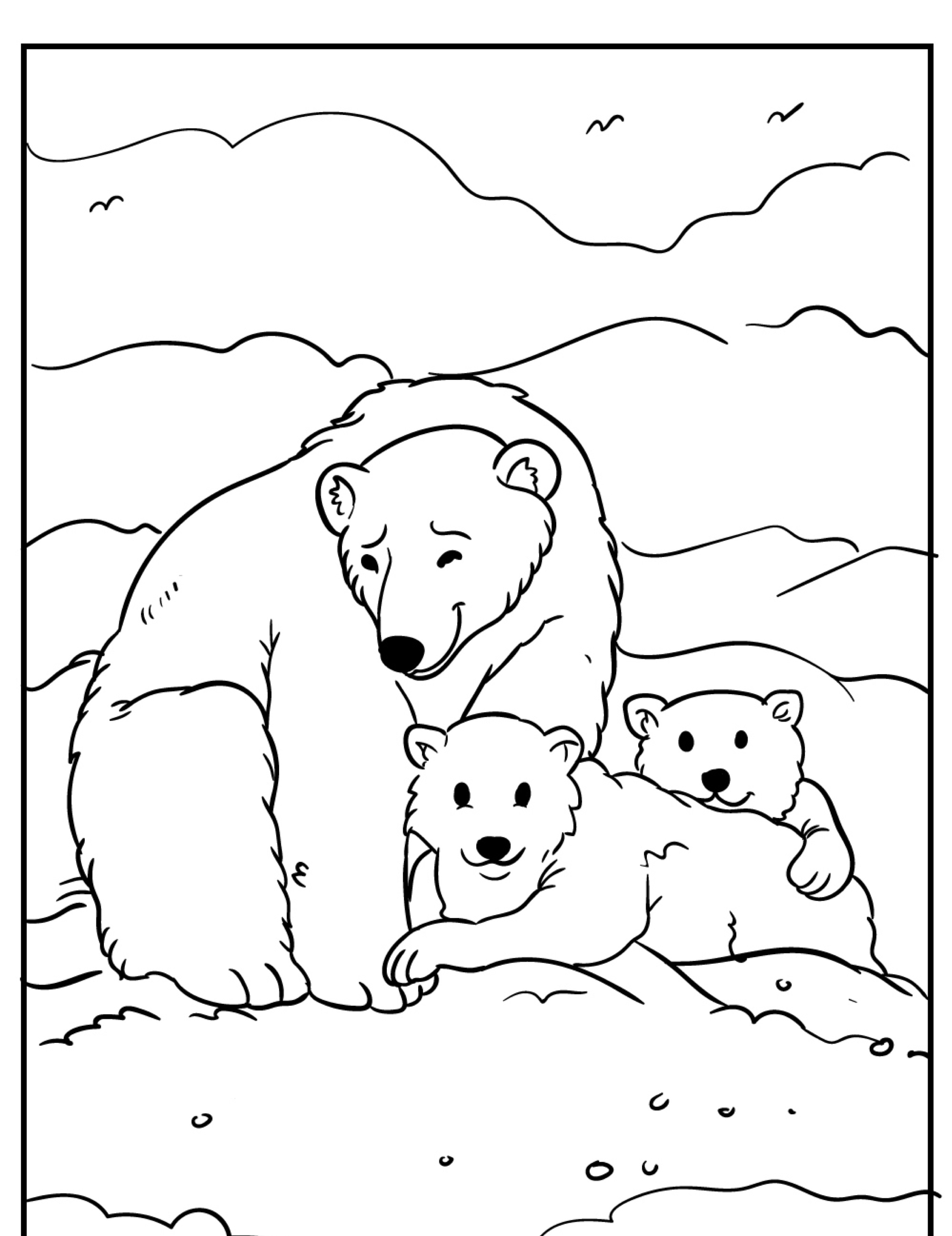 Um urso polar e dois filhotes descansam juntos em um chão nevado, com montanhas majestosas ao fundo. Esta cena serena poderia facilmente inspirar um lindo desenho de urso, perfeito para colorir.