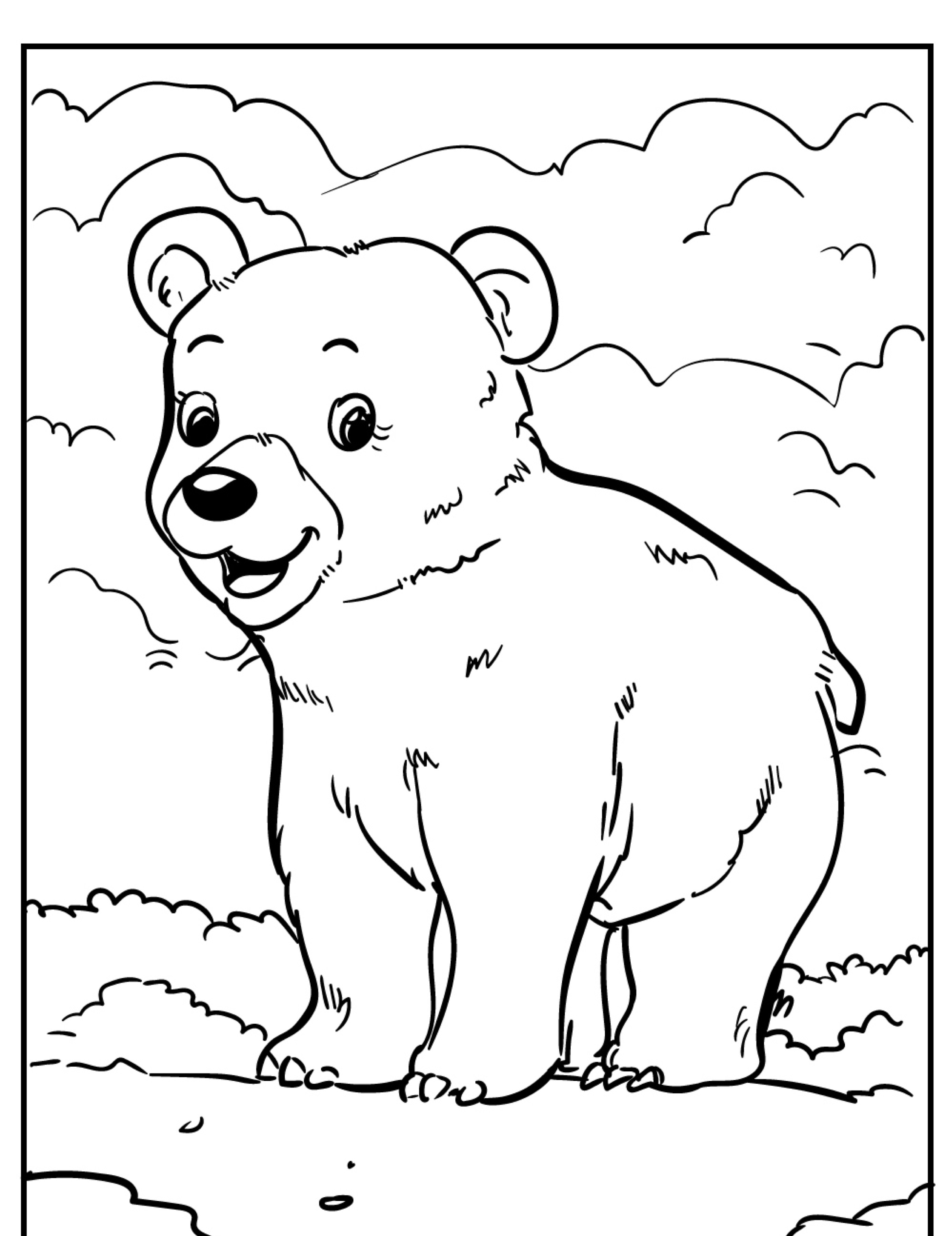 Um filhote de urso feliz em pé sobre uma superfície rochosa com nuvens ao fundo. A imagem em preto e branco é perfeita para colorir, capturando cada detalhe do adorável urso neste desenho caprichoso.