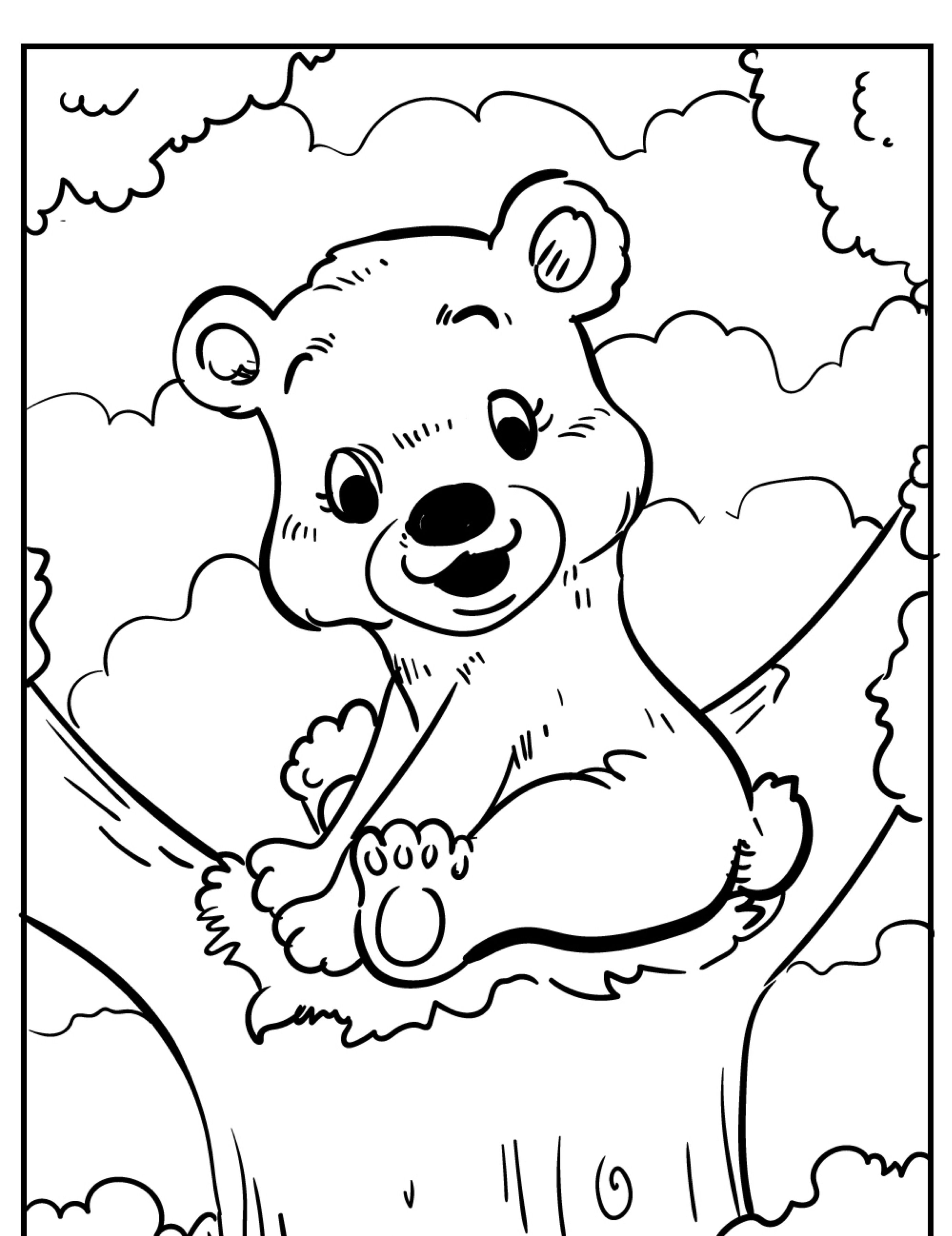 Um lindo filhote de urso sentado em um galho de árvore, cercado por nuvens fofas em um desenho animado e lúdico. Desenho para Colorir.