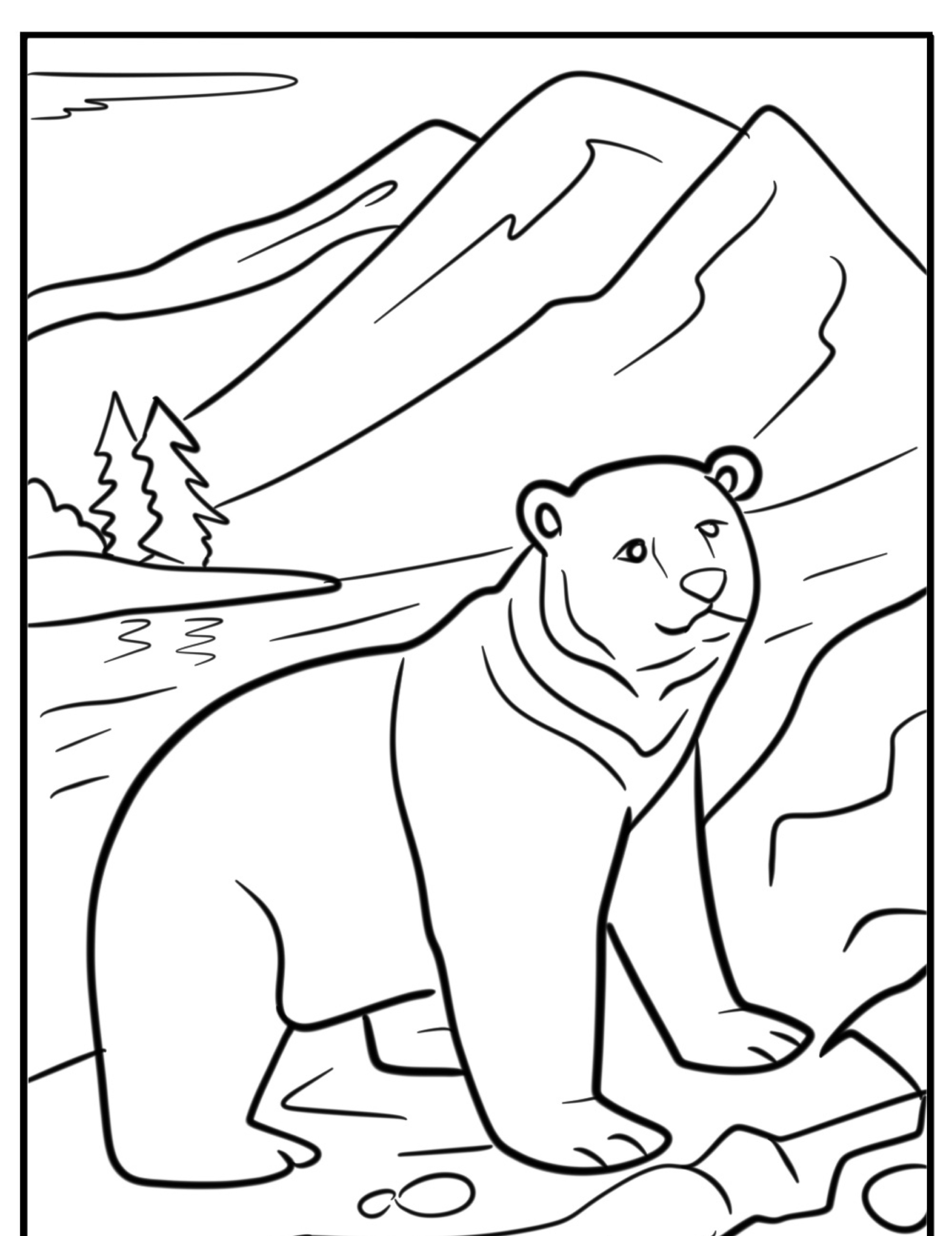 Desenho de Urso: Um desenho delicado de um urso em pé sobre pedras com montanhas e árvores ao fundo, perfeito para quem gosta de Urso para Colorir.