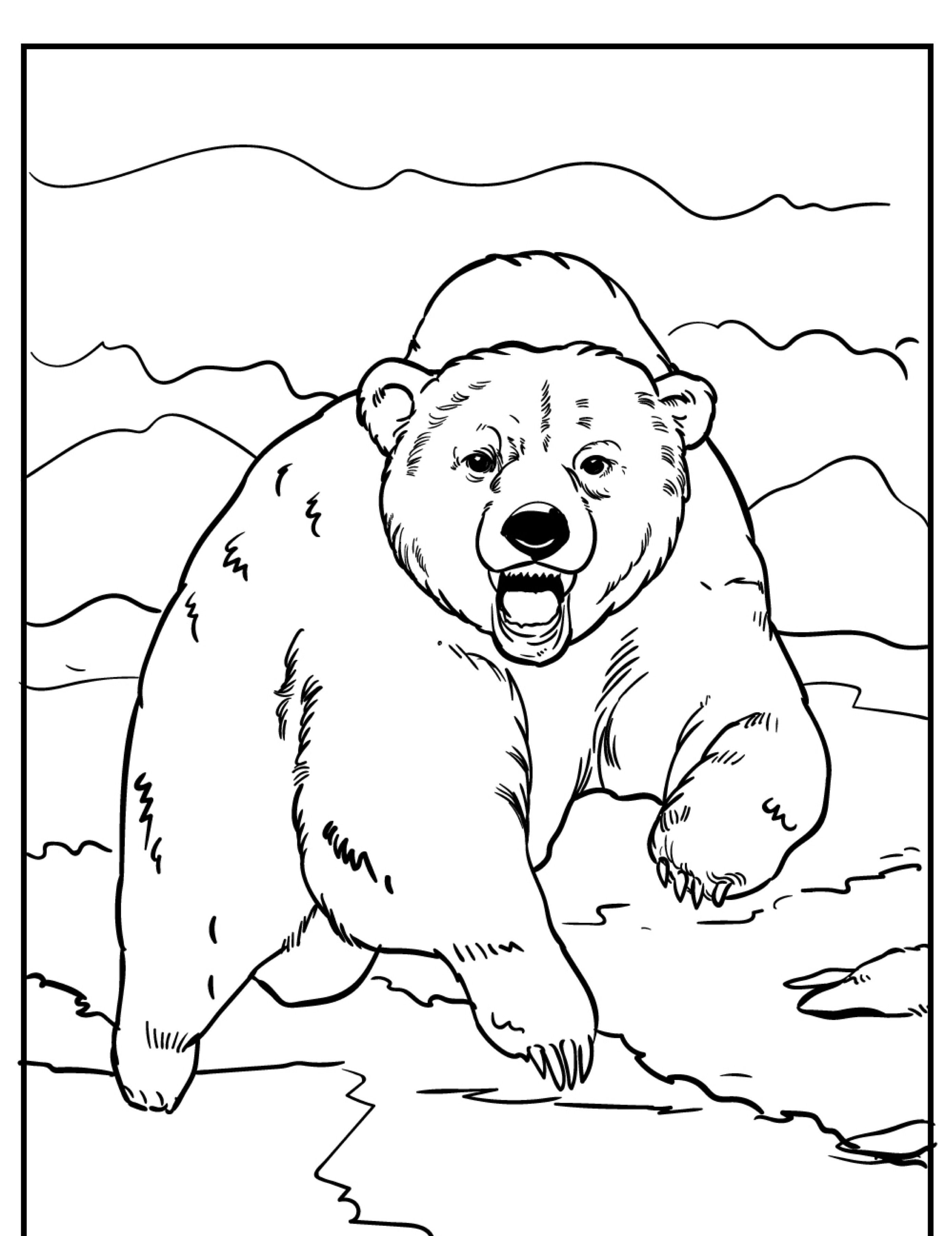 Um urso polar rugindo caminhando no gelo com montanhas ao fundo, pronto para você colorir e dar vida ao seu desenho.