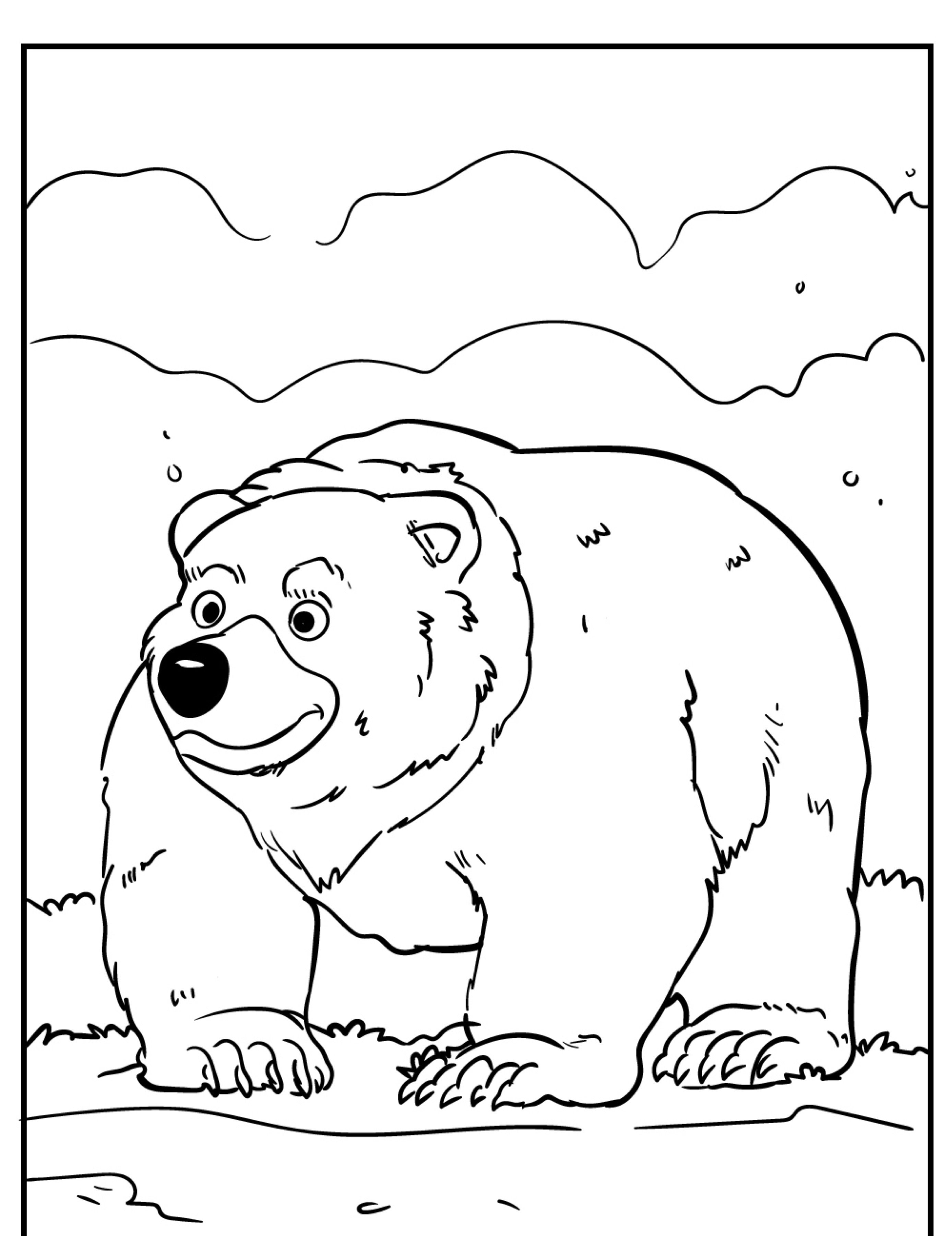 Um urso de desenho animado em pé no chão, com um fundo de céu nublado. O urso parece feliz e contente, perfeito para Urso para Colorir.