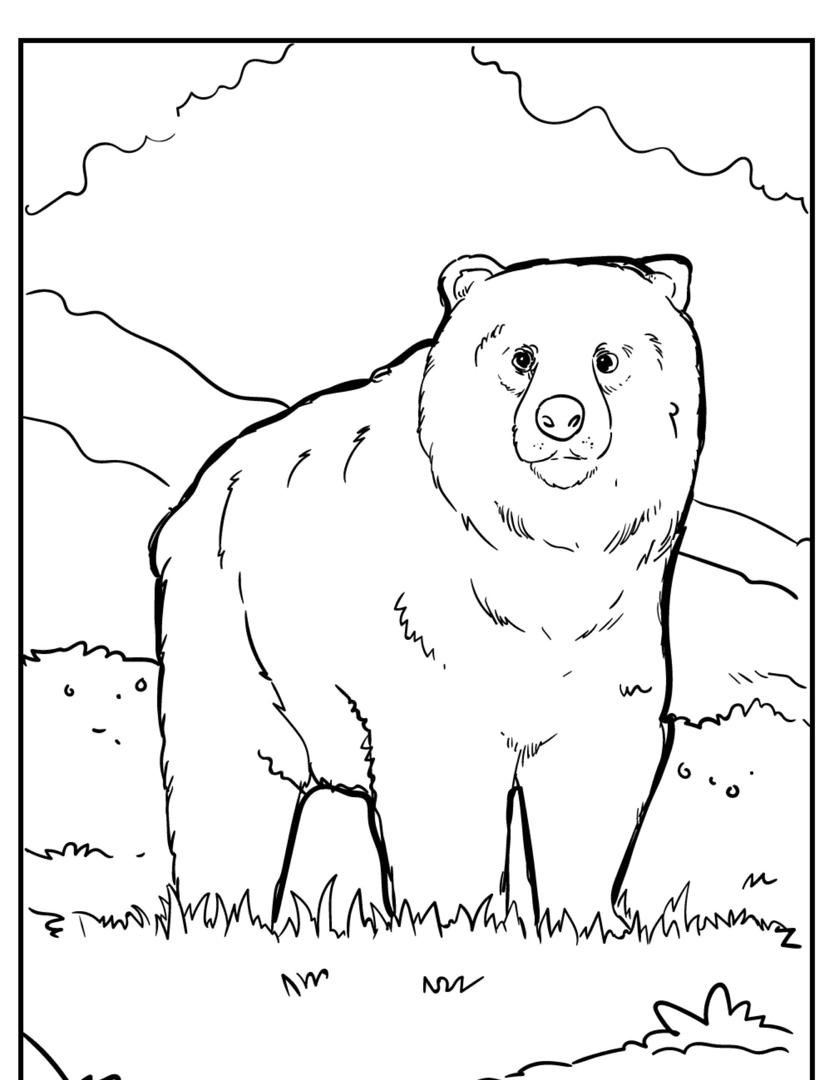 Um grande urso em um terreno gramado com montanhas e nuvens ao fundo, um Desenho de Urso detalhado perfeito para colorir.