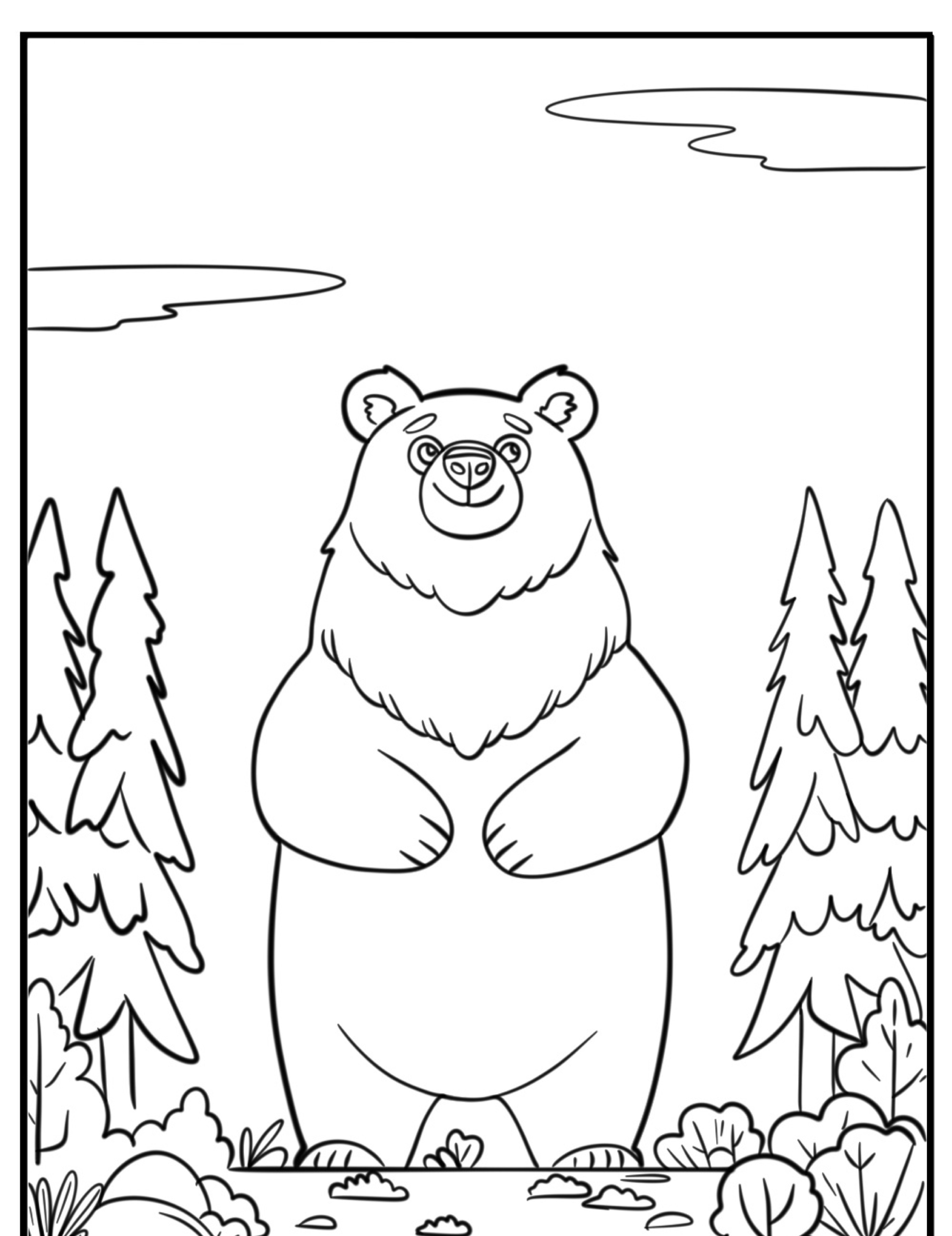 Um urso em pé em uma floresta com árvores e plantas ao redor, e nuvens no céu. A imagem em preto e branco lembra um Desenho de Urso, perfeito para quem gosta de Colorir.