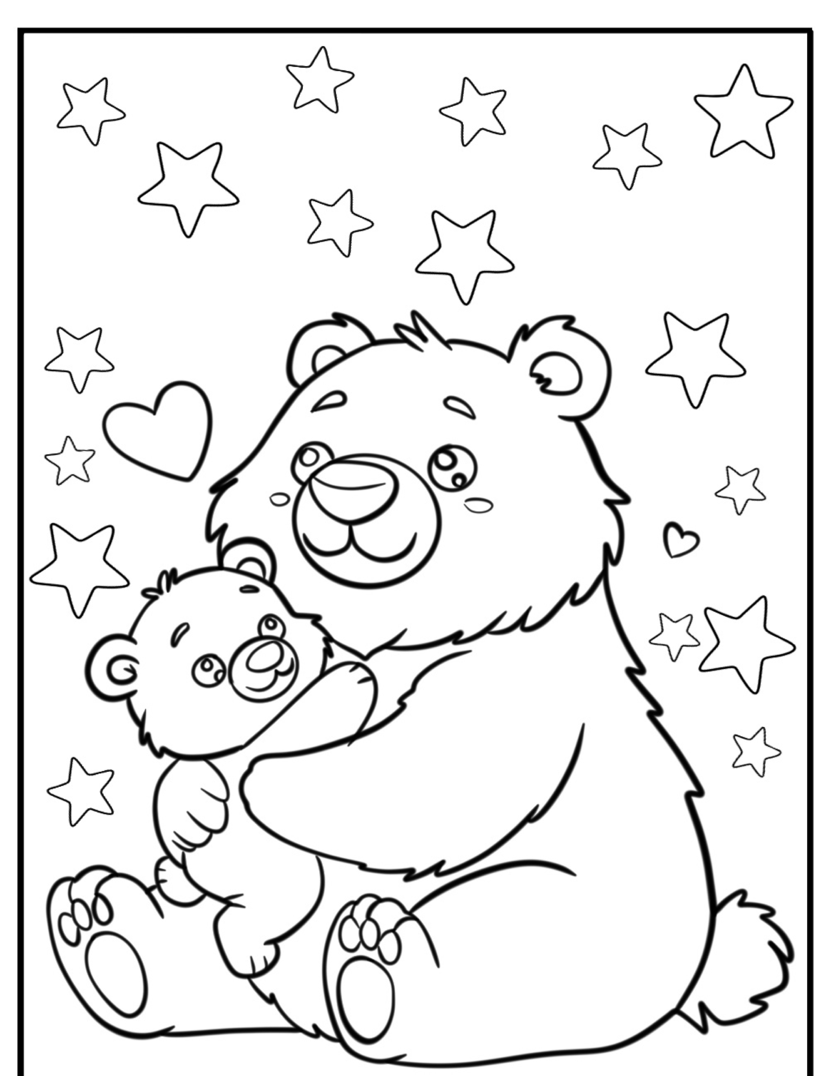 Um urso fofo segura seu filhote cercado por estrelas e corações nesta encantadora página para colorir Desenho de Urso, perfeita para adicionar um toque de criatividade.