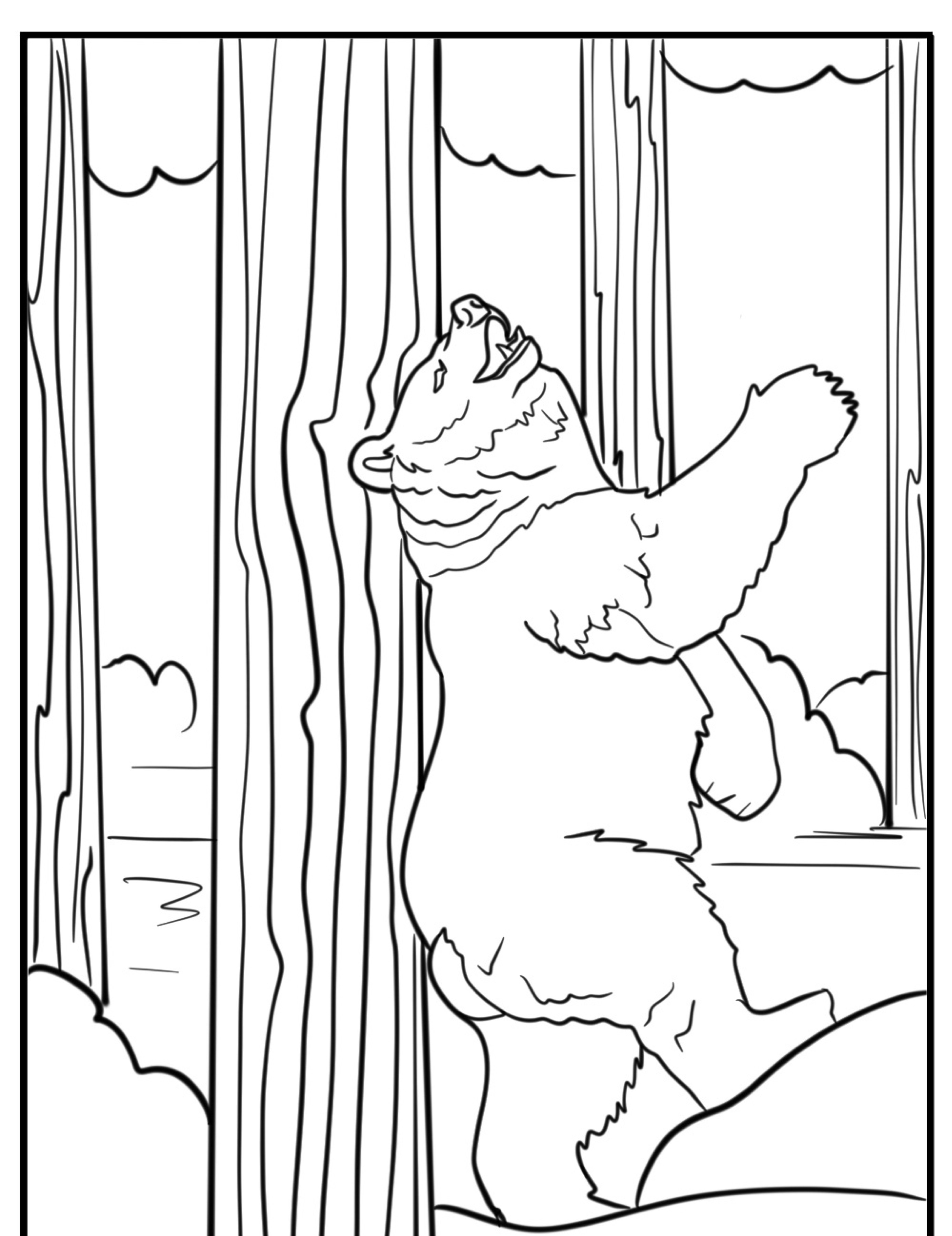 Um urso, ou urso, de pé encostado em uma árvore com as patas dianteiras levantadas, cercado por outras árvores e nuvens ao fundo, é um desenho perfeito para colorir.