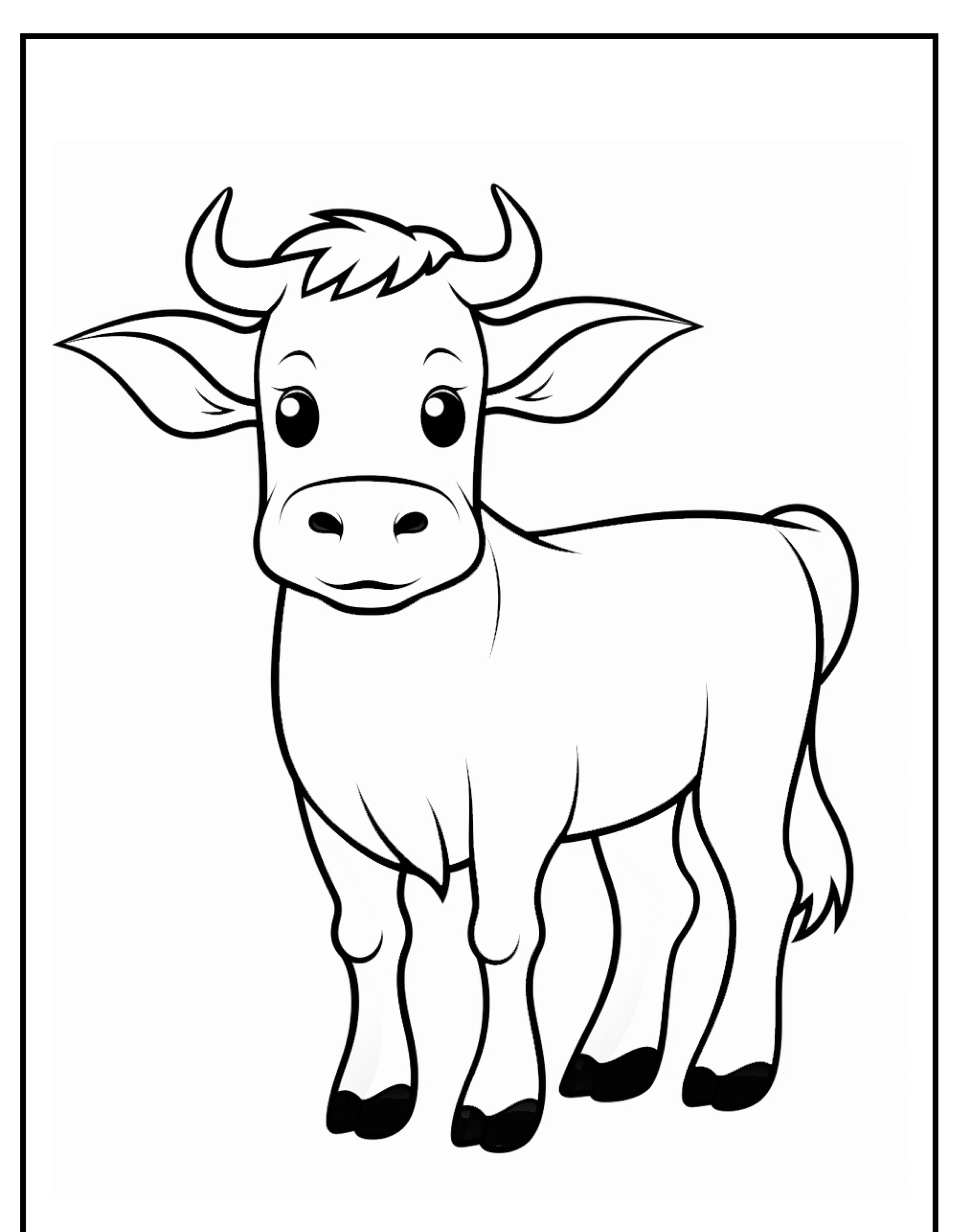 Um desenho de vaca simples em preto e branco, com um bezerro com olhos grandes e chifres pequenos, perfeito para quem gosta de colorir.