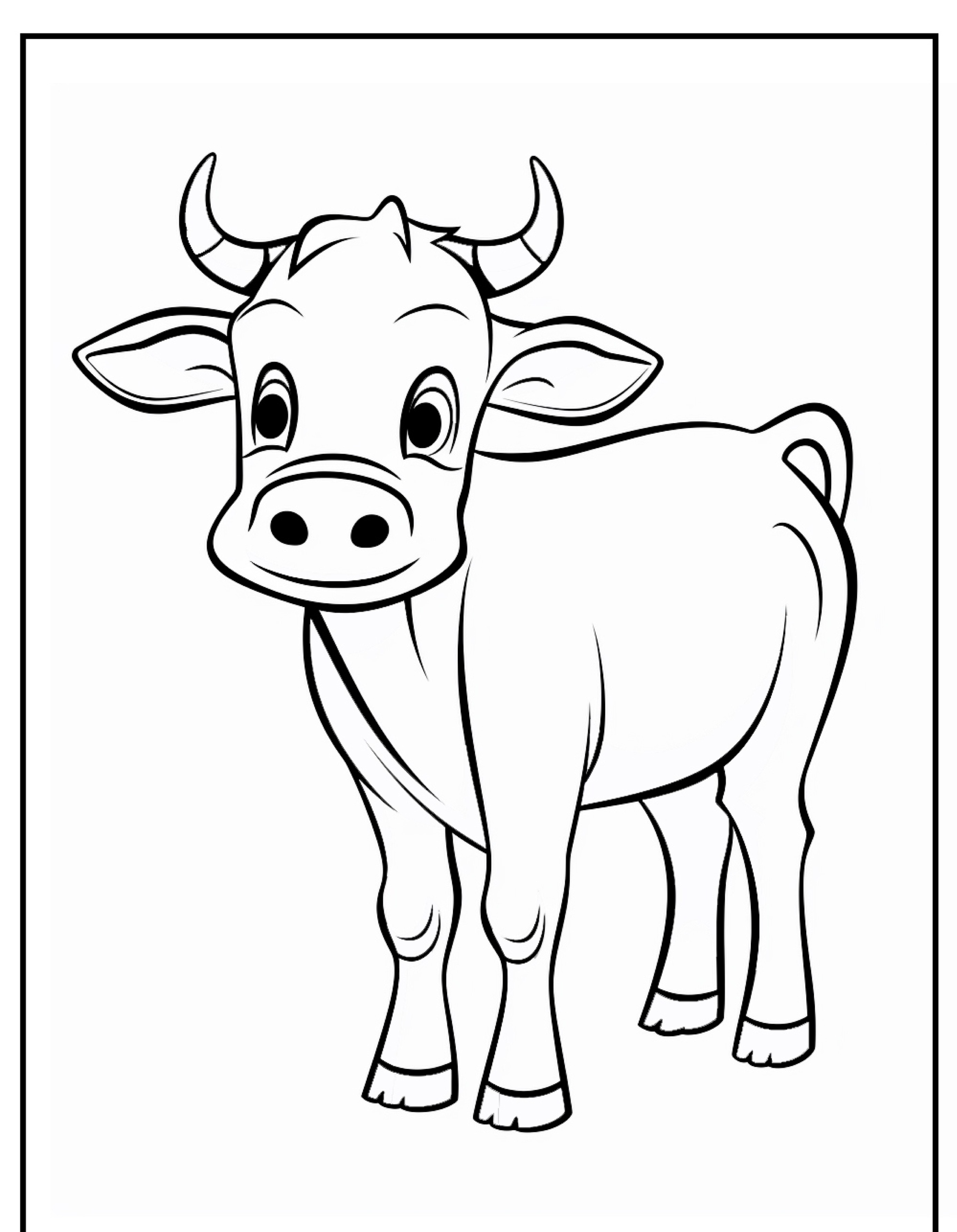 Desenho de Vaca: Desenho de uma vaca sorridente com olhos grandes e chifres pequenos, apoiada em quatro patas, contornada em preto, perfeita para colorir.