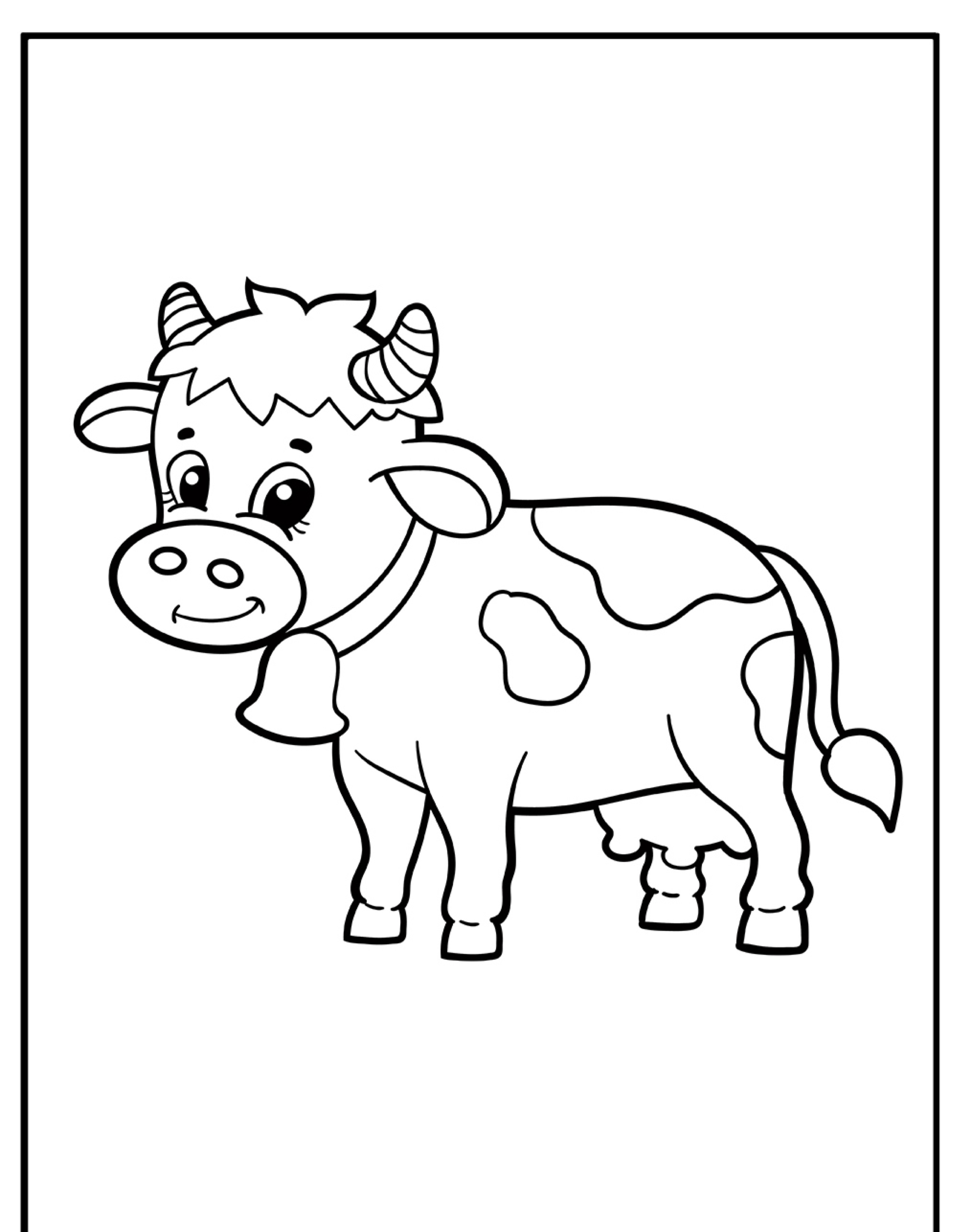 Desenho em preto e branco de uma vaca cartoon com um sino no pescoço, sorrindo e em pé, pronto para colorir.