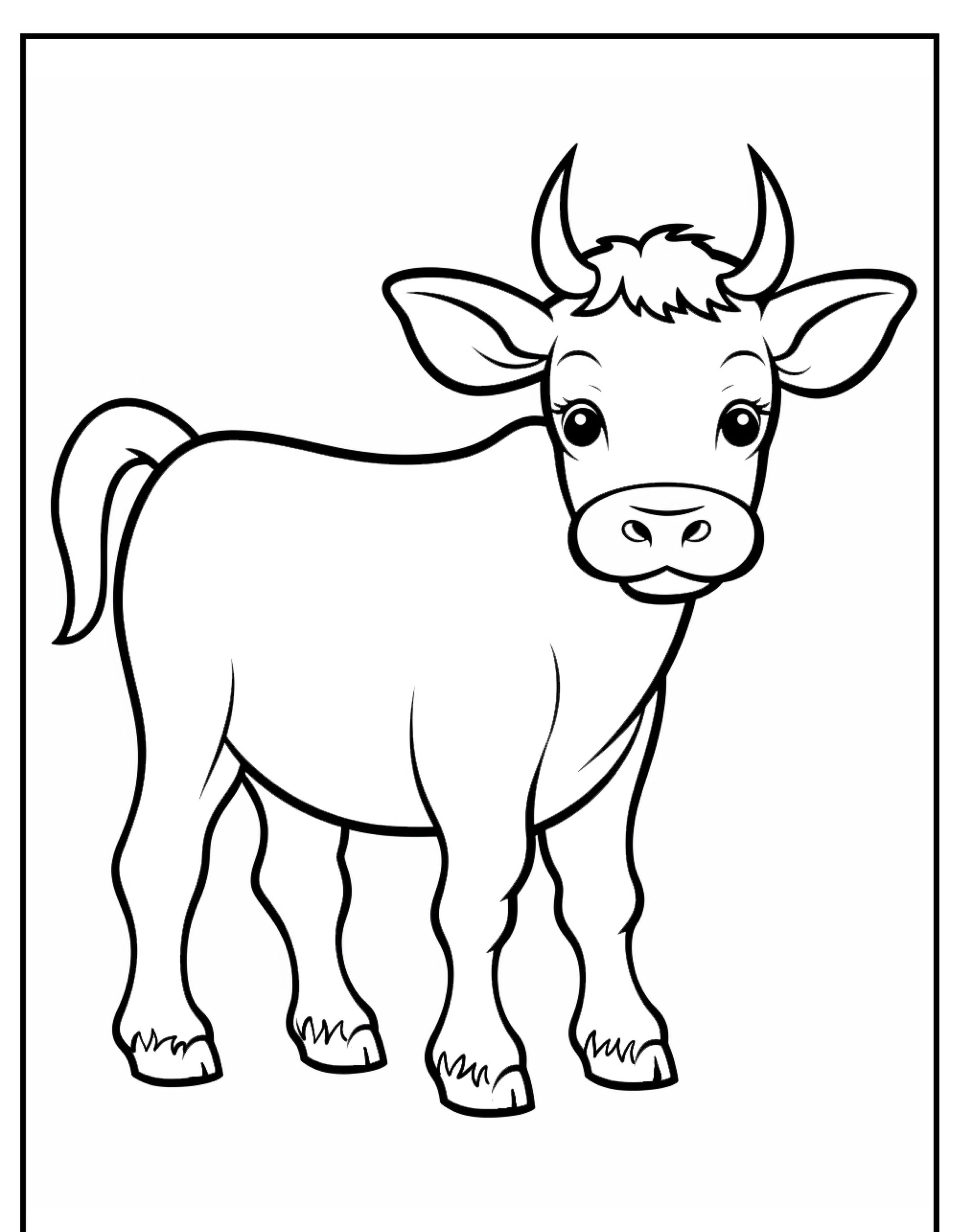 Um desenho simples em preto e branco de uma vaca com chifres, de pé e olhando para frente, perfeito para colorir.