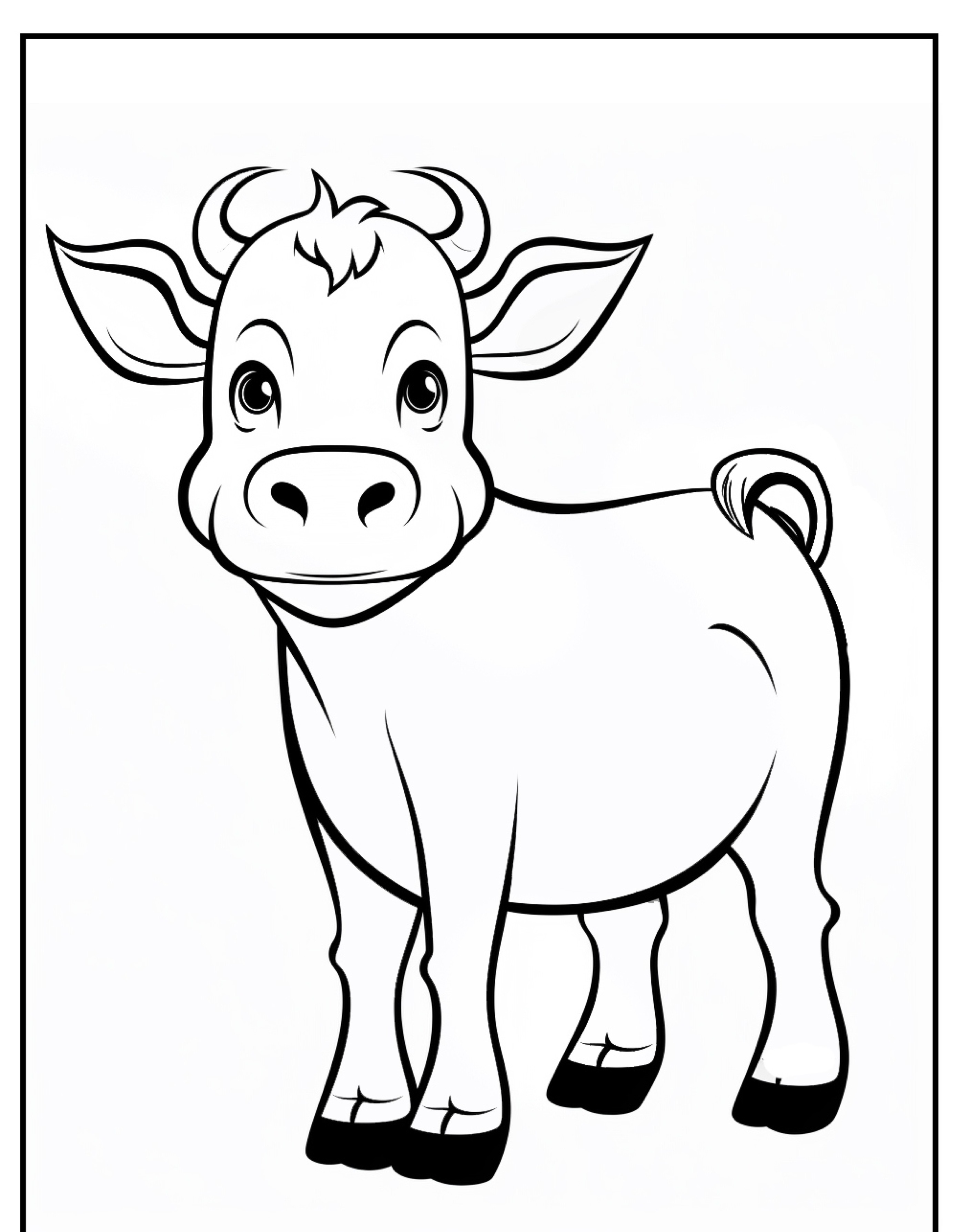 Um desenho animado em preto e branco de uma vaca sorridente com chifres pequenos e um rabo enrolado, olhando para frente, perfeito para colorir.