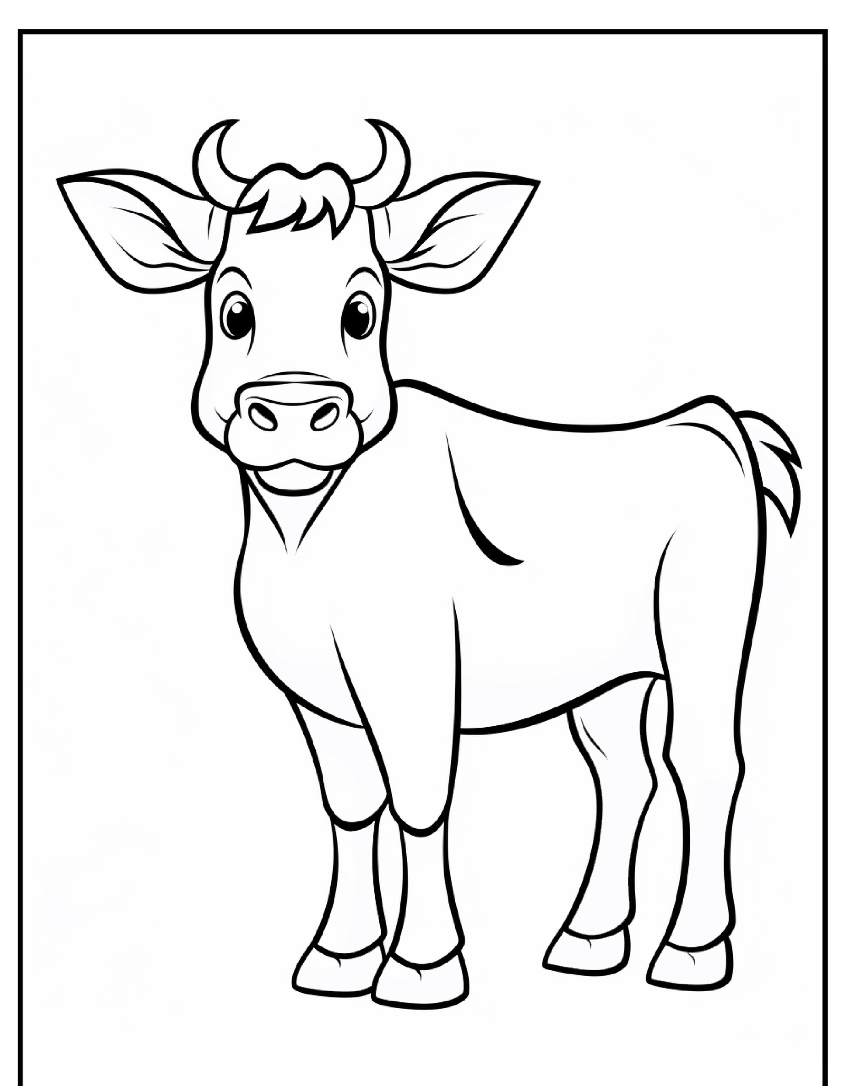 Desenho de vaca estilo cartoon, com uma vaca feliz, sorrindo e em pé, enquadrado com uma borda simples. Perfeito para colorir!