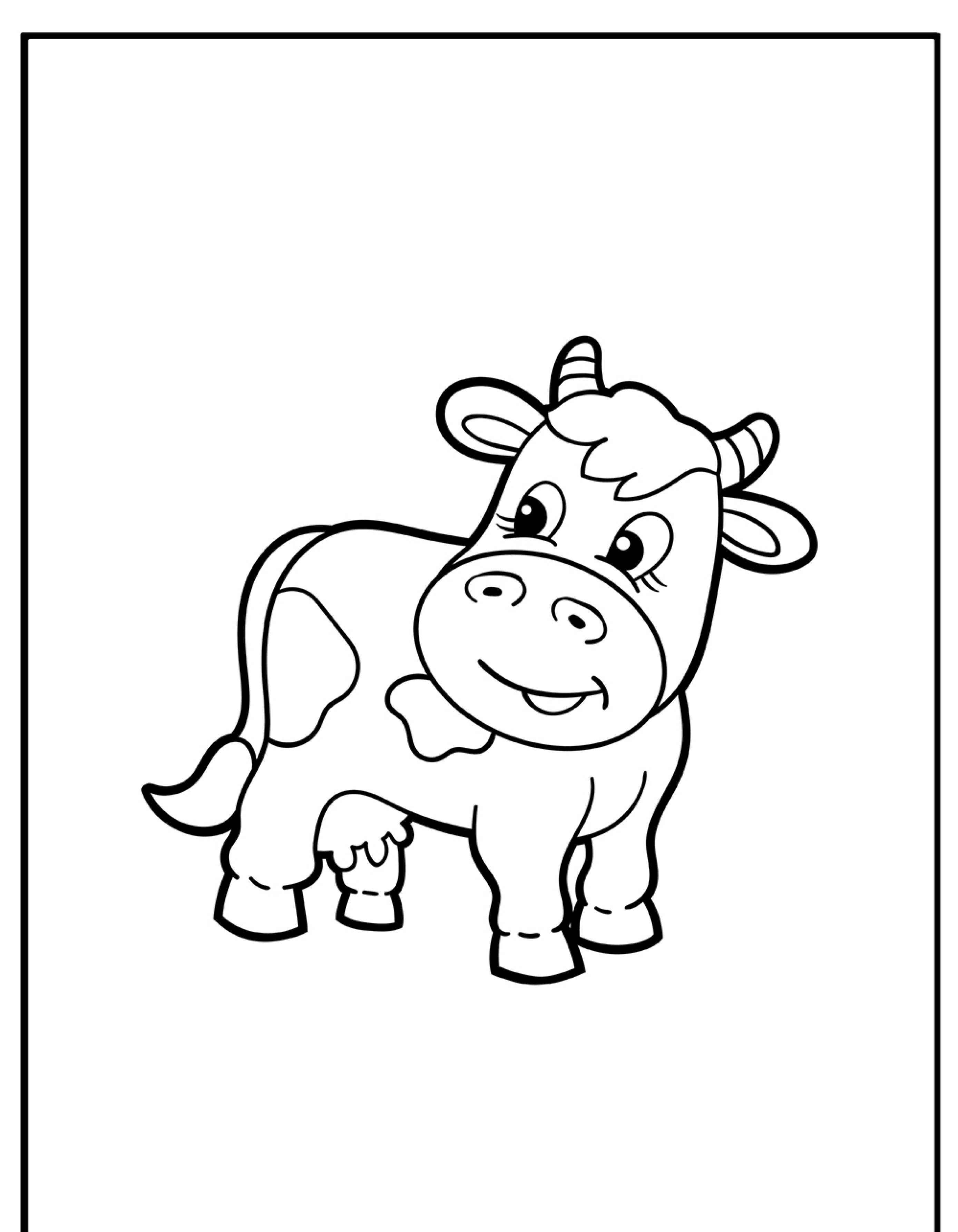 Uma ilustração em preto e branco de uma vaca de desenho animado feliz, com manchas, de pé e sorrindo, perfeita para colorir.