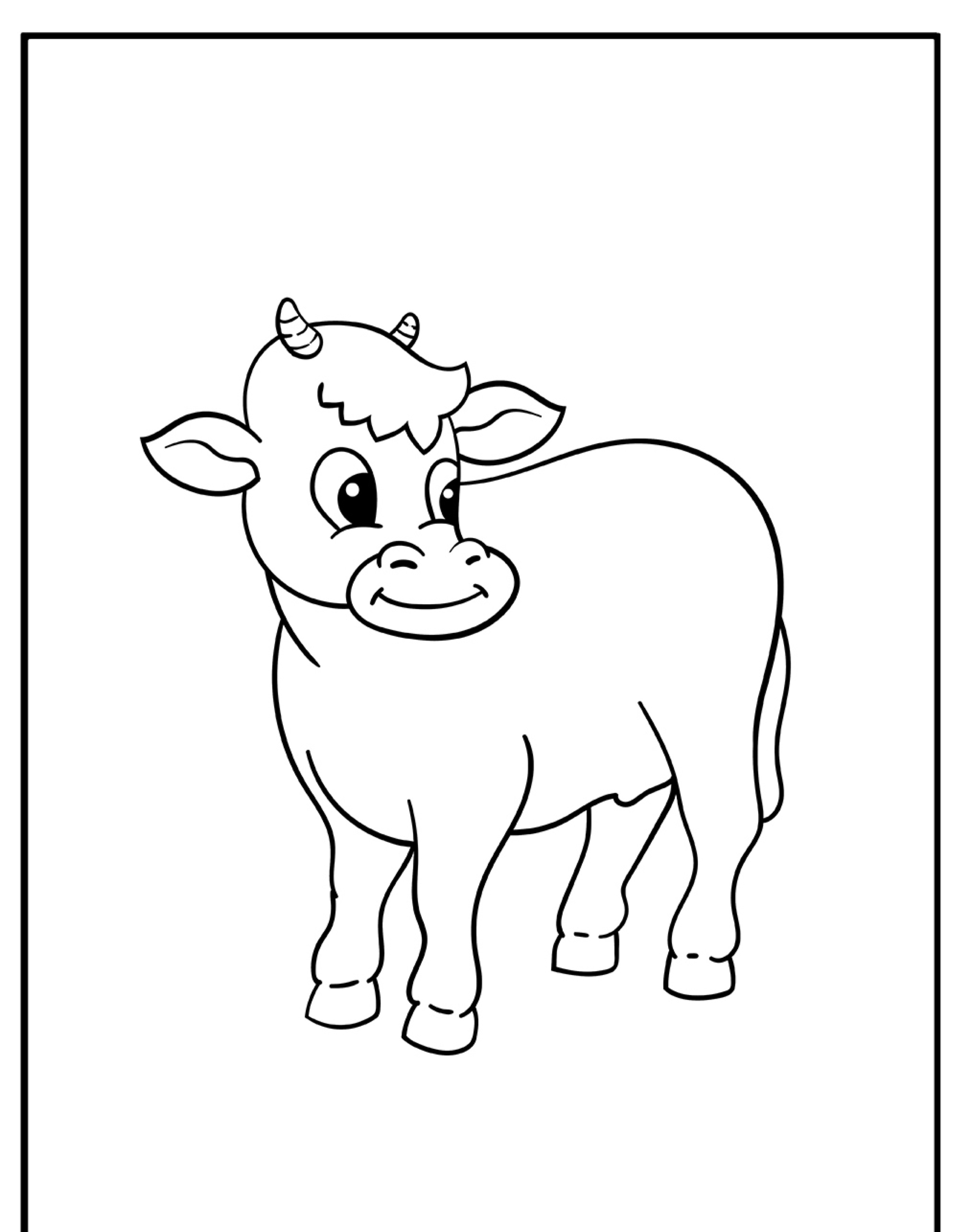 Um desenho simples em preto e branco de uma vaca sorridente com chifres pequenos, perfeito para atividades de colorir (Colorir).